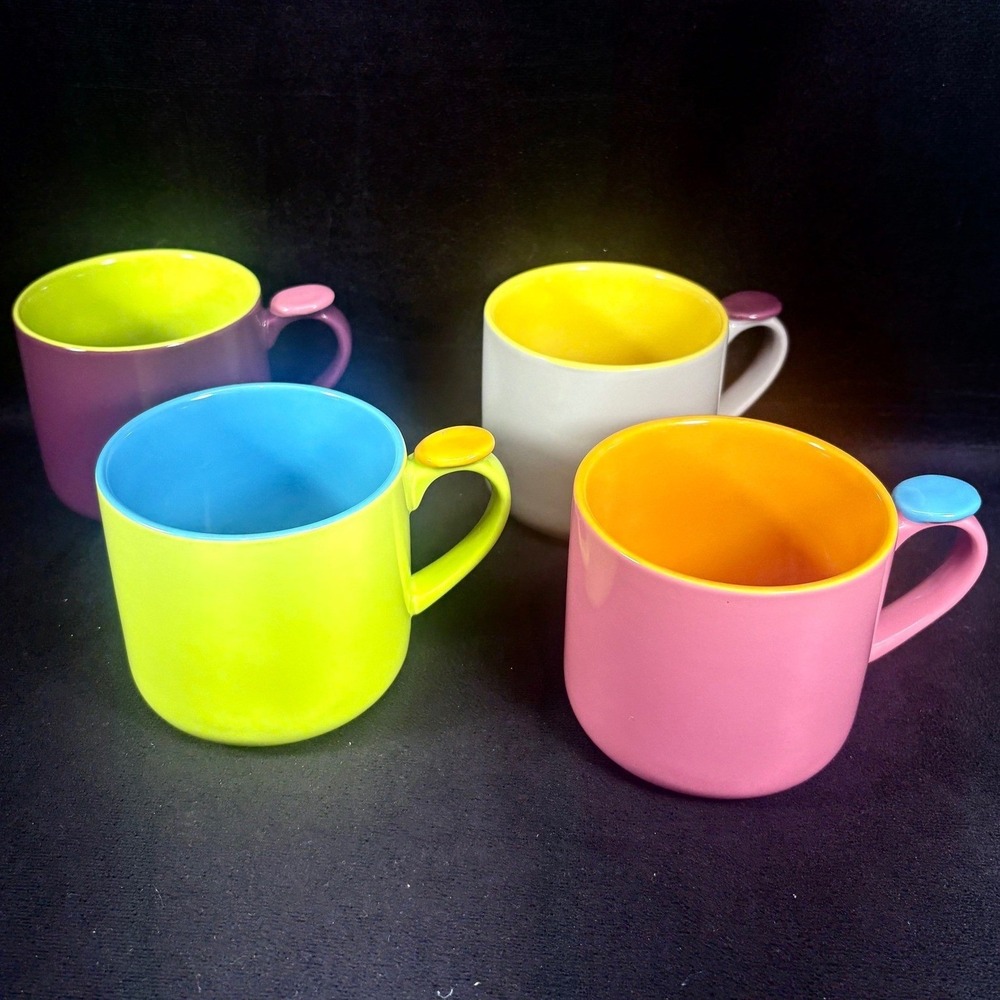 OmniWare Hemisphere Mugs Set of 4 Multi Color with Thumb Rest Two Tone Stoneware